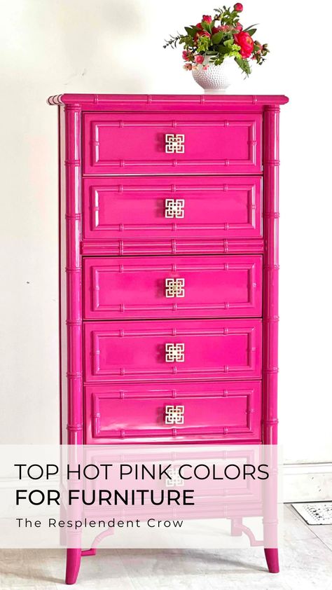 We paint a LOT, and I mean a LOT of hot pink furniture. In this blog post, I show you my favorite hot pinks for furniture. Hot Pink Chest Of Drawers, Hot Pink Night Stand, Hot Pink Console Table, Hot Pink Dresser Makeover, Upcycling, Colors That Go With Fuschia, Pink Furniture Paint Colors, Behr Hot Pink Paint Colors, Hot Pink Chalk Paint