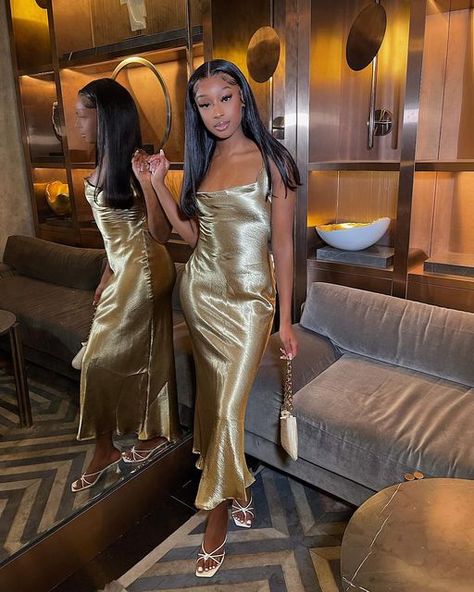 Satin Gold Dress, Satin Dress Outfit, Gold Satin Dress, Vivian Dress, Raven Dress, Homecoming Dresses Freshman, Cute Birthday Outfits, Homecoming Dresses Tight, Birthday Outfits