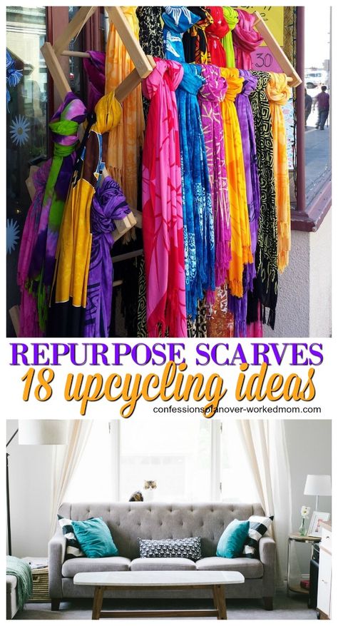 Dozens of Ways to Repurpose Scarves to Accessorize and Decorate Upcycling, Repurpose Scarves, Diy Stencils, Hanging Scarves, Upcycle Repurpose, Large Silk Scarf, Fabric Scarf, Ideas For Decorating, Repurposed Clothing