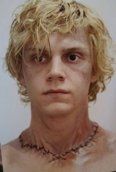 Evan Peters (Kyle Spencer) in "American Horror Story: Coven" (2013) Ahs Kyle, Coven Makeup, Kyle Spencer, Evan Peters American Horror Story, Neck Stitching, Tate And Violet, American Horror Story 3, Ahs Coven, American Horror Story Seasons