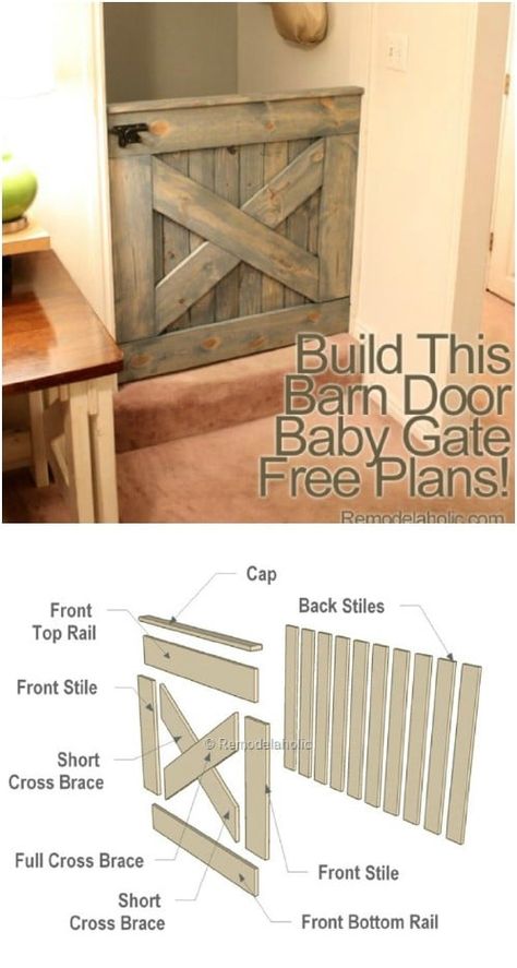 Barn Door Baby Gate 4x8 Plywood Projects, Rustic Home Diy, Diy Baby Gate For Large Opening, Barn Door Baby Gate, Barn Door Projects, Barn Door Decor, Dog Gates, Door Projects, Diy Rustic Home