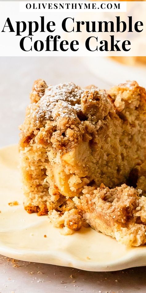 Apple crumble cake is a moist and buttery vanilla crumb cake filled with chunks of sweet and tart apples. It’s topped with a crunchy cinnamon crumble that is the perfect complement to the cozy spiced apples. Make this apple coffee cream coffee cake for a wonderfully delicious fall breakfast or dessert. Apple Streusel Coffee Cake, Pecan Streusel Topping, Buttermilk Coffee Cake, Crumble Cake Recipe, Coffee Cake Loaf, Apple Coffee Cake, Apple Crumble Cake, Apple Crumb Cakes, Caramelized Apples