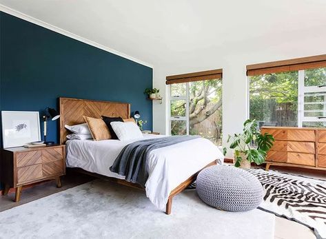 Blue Wall Master Bedrooms Decor, Navy And Earth Tone Bedroom, Navy And Walnut Bedroom, Dark Wood Blue Bedroom, Bedroom Blue Wall Decor, Blue And Pine Bedroom, Indigo Accent Wall Bedroom, Blue White Wood Bedroom, Blue Statement Wall Bedroom