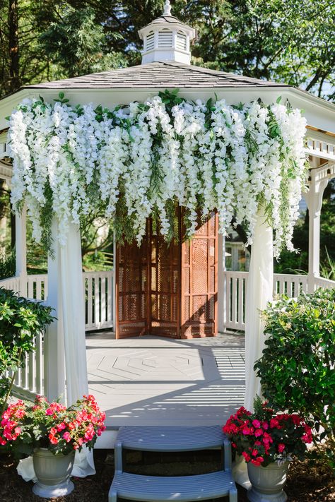 Rustic Wedding Gazebo, Stone Gazebo Wedding, Wisteria Gazebo Wedding, Wisteria Pergola Wedding, Gazebo Wedding Florals, Chuppah Lights, Decorating Gazebo For Wedding, Simple Gazebo Wedding Decorations, Gazebo Flower Decorations