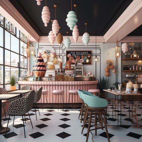 DISEÑO DE HELADERIAS #circle ✋ Whimsical Restaurant Design, Colorful Ice Cream Shop, Ice Cream Shop Window Display, Cute Ice Cream Shop Interior, Old Fashion Ice Cream Shop, Old Fashion Ice Cream Parlor, Local Ice Cream Shop, Colorful Cafe Interior Design, Ice Cream Store Ideas