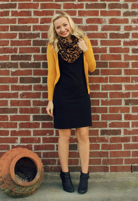 Liven up a little black dress with a mustard cardigan & a fun leopard print scarf. Just add booties for cute look for fall. Car Dealership Receptionist Outfit, Work Outfits Women Rainy Day, Nurse Practitioner Outfits Work Attire, Modern Witch Outfit, Rok Outfit, Little Black Dress Outfit, Mustard Cardigan, Work Chic, Black Dress Outfits