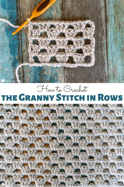 How To Granny Stitch Crochet, Crochet Granny Square Stitch, Crochet Granny Stitch In Rows, Granny Square Crochet Stitch, Granny Square Rows Patterns, Granny Square Alternative, Knit Stitch Crochet Tutorial, Decrease Granny Stitch, Granny Stitch Rectangle