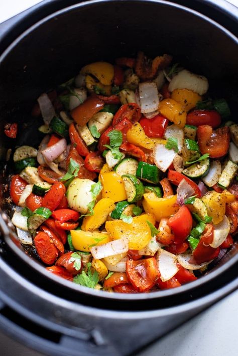 Mediterranean Roast Vegetables in air fryer with a flare are here! A healthy side dish or vegetarian one pot meal with crispy veggies. Vegetables In Air Fryer, Mediterranean Roasted Vegetables, Mediterranean Roast, Vegetarian One Pot, Ninja Combi, Vegetarian One Pot Meals, Crispy Veggies, Roasted Mediterranean Vegetables, Roast Vegetables