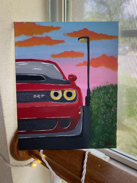 Aesthetic Car Painting Ideas, Race Car Painting Canvas, Hellcat Painting Canvas, Fast And Furious Canvas Painting, Cars Painting Easy, Mustang Painting Canvas Easy, Simple Car Painting Canvas, Cool Car Paintings, Paintings From Movies