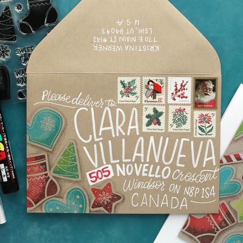 Mail Art Envelopes Christmas, Postage Stamp Storage, Pretty Envelopes, Letter To My Love, Penpal Ideas, Kristina Werner, Hand Lettering Envelopes, Christmas Card Envelopes, Snail Mail Art