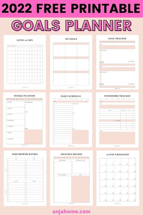 Download a free goal setting worksheet planner and plan 2022 to be the best year ever #anjahome #2022freeprintables #freebulletjournalprintables This cute goals planner template includes the following inserts: level 10 life chart, yearly goals, goal tracker, monthly calendar, weekly layouts, daily schedule, Pomodoro tracker, etc These pink 2022 goal planning sheets work great as a bullet journal, student binder, or life planner #free2022planner #freeplanner #2022bulletjournal Yearly Goals Planner Ideas, Organisation, Monthly Goal Setting Worksheet, Year Planner Ideas Goal Settings, Daily Goal Template, Month Goals Template, Life Goal Template, Weekly Goal Setting Worksheet, New Year Planner Layout