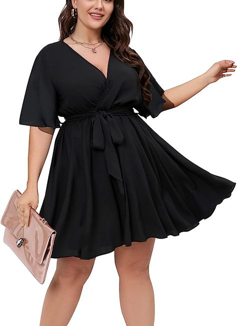 SCOMCHIC Women's Plus Size Long Sleeve Wrap V Neck Tie Waist A Line Mini Short Dress at Amazon Women’s Clothing store Short Dress Elegant, Plus Size Skater Dress, Plus Size Short Dresses, Short Sleeve Summer Dresses, Plus Size Summer Dresses, Short Dress Styles, Plus Size Cocktail Dresses, Plus Size Party Dresses, Short Summer Dresses