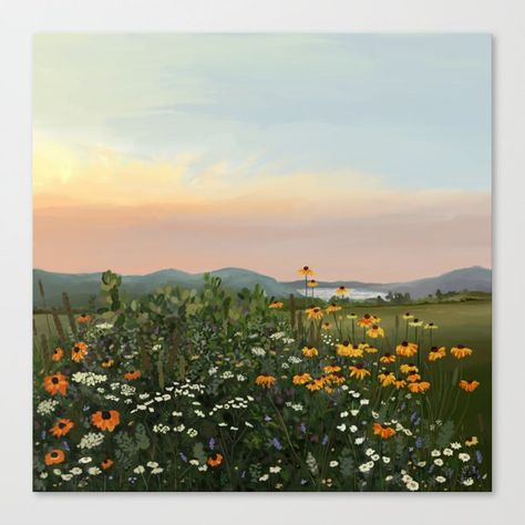 Bonito, Sunset Illustration, Snowy Field, Field Of Wildflowers, Illustration Canvas, Painting Sunset, Canvas Drawings, Sunset Wall, Sunset Wall Art