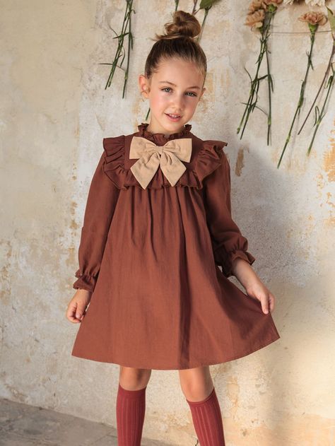 Coffee Brown Cute Collar Long Sleeve Fabric Plain Smock Embellished Non-Stretch  Toddler Girls Clothing Winter Dress For Kids, Frocks For Kids, Girls Winter Dresses, Girls Clothes Patterns, Sewing Baby Clothes, Shein Kids, Girls Holiday Dresses, Cute Short Dresses, Kids Frocks