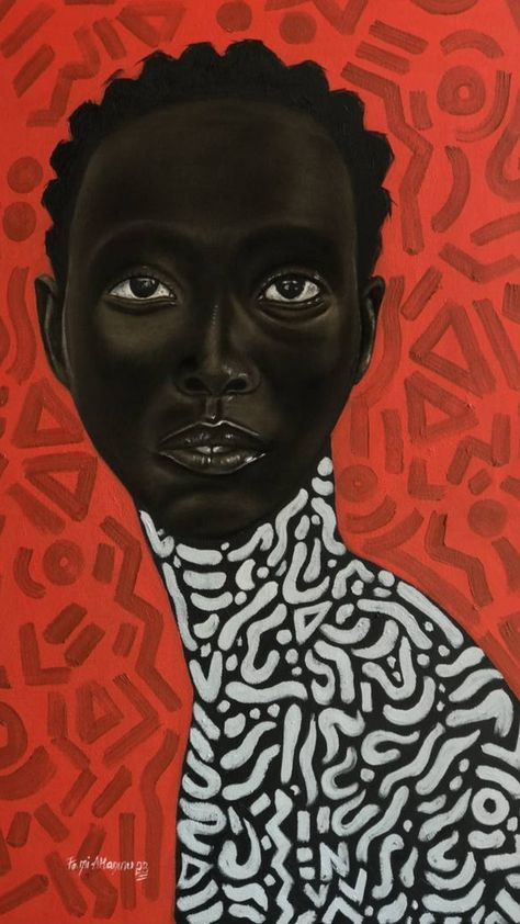 A woman's face stands stands in stark contrast with a playful patterned backdrop. Nigerian Artist, African American Artwork, Body Base Drawing, Art Charcoal, Contemporary African Art, Snake Art, African Paintings, Afrocentric Art, Black Art Painting