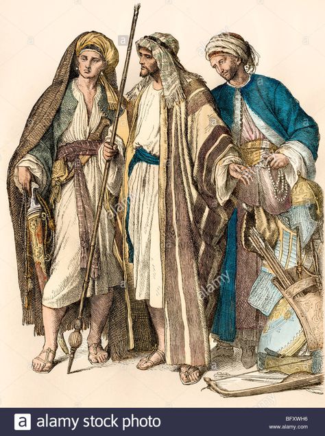 Arab men in traditional clothing. Hand-colored print Stock Photo: 27021042 - Alamy Middle Eastern Clothing, Middle East Culture, Middle Eastern Men, Arabic Clothing, Persian Fashion, Arabian Art, Arab Culture, Middle Age Fashion, Arab Men