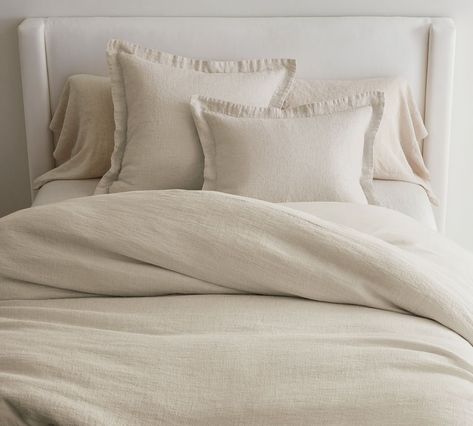 Neutral Twin Bedding, Belgian Flax Linen Bedding, Neutral Bedroom Cozy, Oatmeal Bedding, Neutral Tones Bedroom, Neutral Bedding Ideas, Linen Bedding Styling, Flax Bedding, Bedding Styling