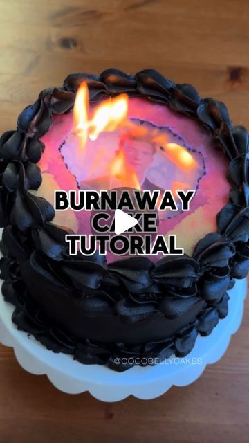 Huiwen on Instagram: "Rick Roll / Burnaway Cake Tutorial. Tips below 👇 1. I used a frosting sheet (Rick) for the bottom image so it won’t get soggy from sitting right on top of the cake’s frosting. I use @paper2eat frosting sheets. 2. The top image (Elmo) is wafer paper. Wafer paper will burn nicely, but may get soggy if it’s sitting on frosting for awhile. 3. Both frosting sheets and wafer paper are 100% edible and can be printed in with edible ink. 4. The ring of frosting piped around the bottom image is to provide space between the two image so you won’t accidentally burn both. #burnawaycake #viralcake #cakedecorating #elmo #rickroll" Essen, Sheet Cake Decorations For Men, Edible Printed Cake Wafer Paper, Burn Cake Birthday, Burn Out Cake Ideas, Edible Paper Cake Decoration, Creative Cake Ideas Unique, Trending Cake Designs For Men, Burn Cake Trend