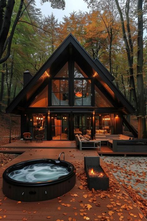 LOG CABIN UNI Cabin With Large Windows, A Frame House With Porch, A Frame Small House, Cabin Resort Ideas, Loft Cabin Ideas, Luxury Cabin In The Woods, Barndo Cabin, Cabin In Woods Aesthetic, Modern Log Cabin Exterior