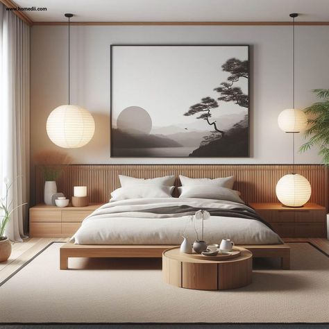 Japandi Bedroom - Minimalist Furniture Japandi Furniture Bedroom, Minimal Japandi Bedroom, Japandi Minimalist Interior, Bedroom Inspirations Japandi, Japandi Guest Bedroom, Bed Japandi, Bedroom Interior Simple, Minimalist Japanese Bedroom, Japandi Bedroom Interior