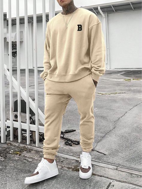 Khaki Casual Collar Long Sleeve  Letter  Embellished Slight Stretch Spring/Fall Men Clothing Mens Sweatshirt Outfit, Sweatpants And Sweatshirt Outfit, Mens Athleisure Outfits, Sweatshirt Outfit Men, Men Street Outfit, Lounge Wear Stylish, Sweatpants And Hoodie, Sweats Outfit, Athleisure Men