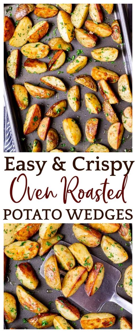 Homemade Oven Roasted Potato Wedges are super easy to make and the perfect side for so many dishes. The recipe will give you potatoes that are golden and crispy on the outside and melt-in-your-mouth creamy tender on the inside. | #roastedpotatoes #potatoes #sidedishes #sides #easyrecipes Oven Roasted Potato Wedges, Roasted Golden Potatoes, Crispy Potatoes In Oven, National Potato Day, Homemade Potato Wedges, Oven Roasted Potatoes Easy, Easy Roasted Potatoes, Roasted Potato Wedges, Potato Wedges Recipe