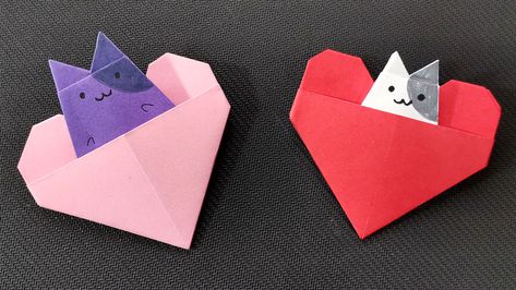 Romantic origami heart pocket + cute origami cat. Easy and perfect valentines origami ideas for girlfriend's / boyfriend's gift. Paper Crafts For Loved Ones, Cat Heart Origami, Cat Making A Heart, Paper Heart Pocket, Origami For Valentines Day, Origami Heart Note, Origami Thank You, Origami Valentines Ideas, Valentines Day Origami Easy