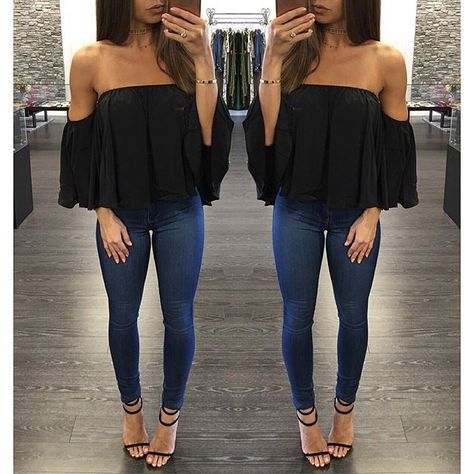 ♡M o n i q u e.M More Flowing Blouse, Off Shoulder Long Sleeve, Mode Jeans, Ținută Casual, Outfits 2017, Speed Dating, Chiffon Long Sleeve, Loose Blouse, Date Outfits