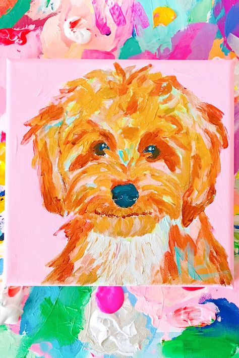 Bright Painting Aesthetic, Easy Bright Paintings, Bright Colorful Paintings, Dog Collage Art, Dog Portrait Painting, Bright Watercolor Paintings, Easy Dog Paintings On Canvas, Trendy Art Paintings, Preppy Art Ideas