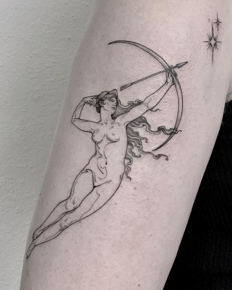 Ｔｏｍａ • ｌａｎｇｕｉｄ　ａｒｔ • on Instagram: “• the ARCHER • 🌙✨ •⠀ ⠀ ________________ Supported by @maketattooua, @dr.gritz_tattoo ________________ Done at @thechamberberlin…” The Archer Tattoo, Artemis Tattoo, Archer Tattoo, Goddess Of The Moon, The Archer, Greek Goddess, Drawing Inspiration, My Favourite, Geometric Tattoo