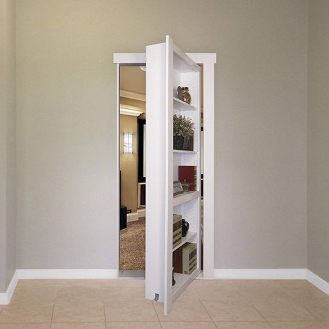 door Open Closet Door, Tall Closet Doors, Hidden Door Bookshelf, Tall Closet, The Murphy Door, Door Bookshelf, Basement Paint Colors, Murphy Door, Bookcase Wood