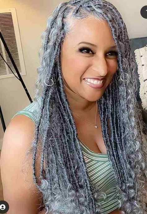 30+ Beautiful Grey Braids Styles that you should try this season - Claraito's Blog Grey And Black Braids Hairstyles, Gray Goddess Braids Silver Hair, Grey Hair On Dark Skin Women, Grey Crochet Hairstyles For Black Women, Gray Ombre Braids Black Women, Salt And Pepper Twists Black Women, Salt And Pepper Faux Locs, Braids With Gray Hair Black Women, Braids Over 50 Older Black Women