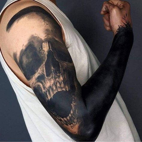 22 Best Skull Tattoo Ideas - The XO Factor Tato Setengah Lengan, La Muerte Tattoo, Calavera Tattoo, Black Sleeve Tattoo, Black Skull Tattoo, All Black Tattoos, Solid Black Tattoo, Black Tattoo Cover Up, Skull Sleeve