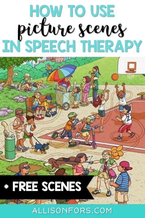 Picture scenes are a versatile and engaging tool to use in speech therapy to work on: grammar, wh questions, following directions, inferences, conversations, and much more! #speechtherapy #slpeeps #language Slp Nonverbal Activities, Increasing Mlu Activities Speech Therapy, Shape Coding Speech Therapy, November Speech Therapy Activities, Picture Scenes For Speech Therapy, Speech Therapy Free, Colourful Semantics, Oral Language Activities, Preschool Speech Therapy