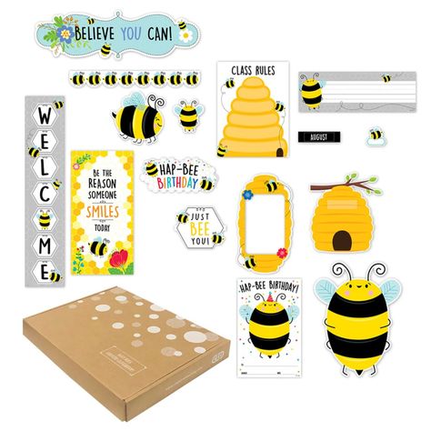 Ever feel like you don't have the time or artistic eye to create the stylish, well-coordinated classroom displays your students deserve? The Busy Bees Curated Classroom Mega Pack is the quick and easy solution. This convenient, all-in-one mega pack features the popular Busy Bees theme and includes everything you need to welcome visitors, celebrate birthdays, inspire learners, and manage your classroom in style. This mega pack also includes a visual table of contents, a color photo of suggested display ideas and a sturdy, reusable storage box. This mega pack has 215 pieces that range in size from (2.5" x 2.75" to 17" x 22.25") and contains the following components: Busy Bees Bulletin Board Set (17 pieces) [5"w x 5"h to 16.5"w x 12.5"h] Bee Positive Mini Bulletin Board Set (13 pieces) Birthd Bee Bulletin Boards, Bee Banners, Bee Themed Classroom, Creative Teaching Press, Class Rules, Bulletin Board Sets, Teaching Supplies, Bee Birthday, Busy Bees