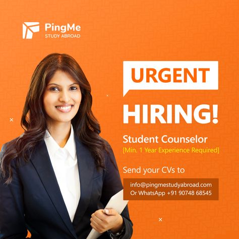 PingMe is hiring student counsellors! Are you passionate about giving the right counselling to students to reach out for their dreams? Then this job is for you.  We are hiring student counsellors with a minimum of one year of experience.  Drop in your CVs and be a part of our team!  📩info@pingmestudyabroad.com 📲WhatsApp: wa.me/919074868545  🌐Visit: www.pingmestudyabroad.com #hiring #jobs #jobsearch #counsellor #studyabroad #studentcounsellor #thrissurjobs #OfficeJobs #telecalling #bestjobs Counselor Posters, Hiring Ad, Hiring Poster, Student Jobs, Office Job, We Are Hiring, Job Posting, Drop In, Canada Travel