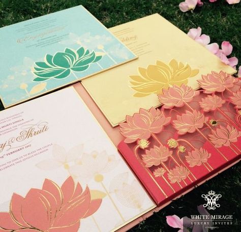 3D wedding invite | pink yellow and green illustrated lotus with gold accents | Indian Wedding Invitation Ideas| Credits: White Mirage Luxury Invites | Every Indian bride’s Fav. Wedding E-magazine to read. Here for any marriage advice you need | www.wittyvows.com shares things no one tells brides, covers real weddings, ideas, inspirations, design trends and the right vendors, candid photographers etc. Pastel Wedding Invitations, Indian Invitations, Wedding Card Design Indian, Unique Wedding Cards, Indian Wedding Invitation Cards, Indian Wedding Cards, Wedding Indian, Karten Design, Trendy Wedding Invitations