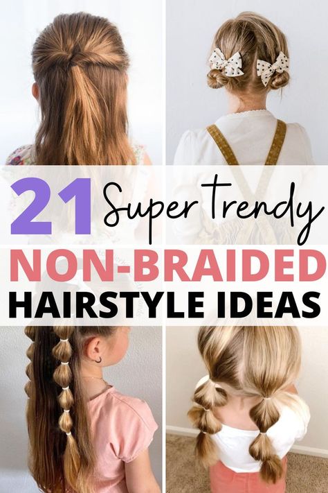 We tried one of these no braid hairsyles this morning before school and my daughter loved her hair! Thank you for this list! Easy School Hairstyles Straight Hair, Tk Hair Styles, Fun Girl Hairstyles Daughters, Cute First Day Of School Hairstyles Kids, First Grader Hairstyle, Hair For Kindergarten, 4th Grade Girl Hairstyles, Girls School Hairstyles Easy, Field Day Hairstyles School