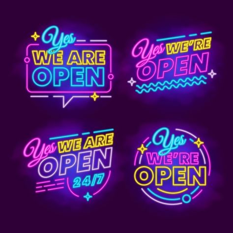 We are open neon sign collection | Free Vector #Freepik #freevector #business #shopping #neon #sign We Are Open Sign, Open Neon Sign, Pink Neon Lights, Recording Studio Setup, Party Logo, Neon Logo, Open Signs, Pump It Up, Neon Design