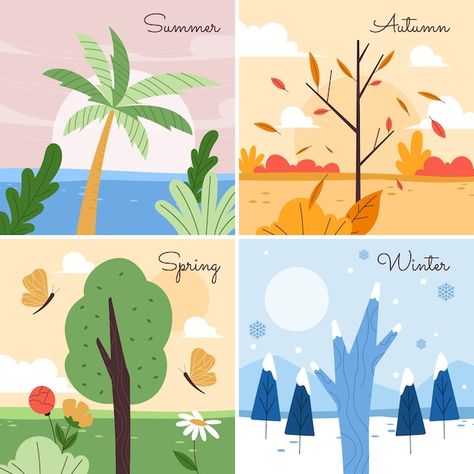 The 4 Seasons Art, Four Seasons Illustration Design, Seasons Drawing Ideas, 4 Seasons Illustration, 4 Seasons Drawing, Four Seasons Drawing, 4 Seasons Art, Seasons Drawing, Seasons Illustration