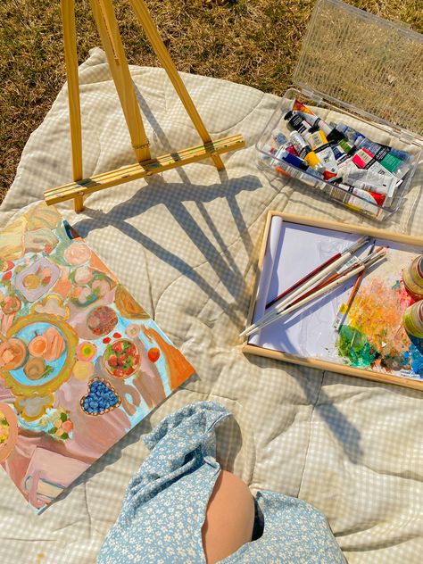 Spring Painting Aesthetic, Outdoor Painting Aesthetic, Get Outside Aesthetic, Picnic Painting Aesthetic, Spring Aesthetic Painting, Spring Aesthetic Activities, Girl Activities Aesthetic, Spring Activities Aesthetic, Painting Date Aesthetic