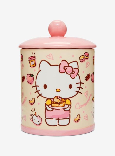 PRICES MAY VARY. Ceramic Approx. 8" Hand Wash Only Do Not Microwave Imported Hello Kitty is ready to help you serve up some sweet treats with this Sanrio-inspired cookie jar! Featuring an allover print of hearts, snacks, "Cinnamon", and "Apple" lettering, one side shows Hello Kitty holding a slice of pie while the other side features the Sanrio kitty sitting with a jam jar. This jar is perfect for storing your snack, sweets, and more. CeramicApprox. 8"Hand wash onlyDo not microwaveImported Kawaii, Hello Kitty Desserts, Hello Kitty Appliances, Hello Kitty Store, Apple Letters, Hello Kitty Cookies, Slice Of Pie, Hello Kitty Merchandise, Hello Kitty House