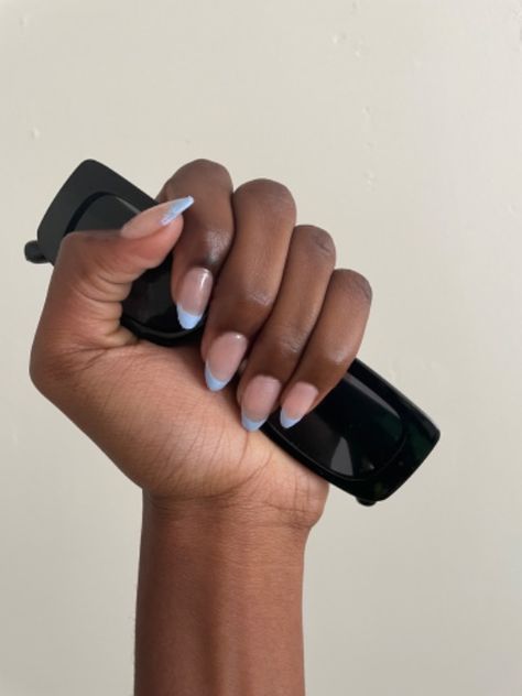 Pastel Blue Nails French Tip, Light Blue Nails On Dark Skin, French Light Blue Nails, Blue Nails On Black Skin, French Tips On Dark Skin, Gray Nails Gel, Blue French Manicure Nails, French Nails Dark Skin, Baby Blue French Tip Nails Almond