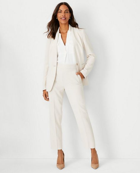 Olivia's Picks | Ann Taylor Suit Jacket Over Dress, Business Women Outfits Chic, Beige Pant Suit Women, Collarless Blazer Women, Outfits With White Blazers For Women, Womens White Wedding Suit, Women’s Work Suits, Blazer For Women Formal, Women’s Wedding Suit