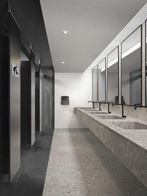 Public Restroom Design, Commercial Bathroom Designs, Klein Toilet, Industrial Toilets, Commercial Toilet, Marble Effect Tiles, Toilette Design, Wc Design, Restroom Design