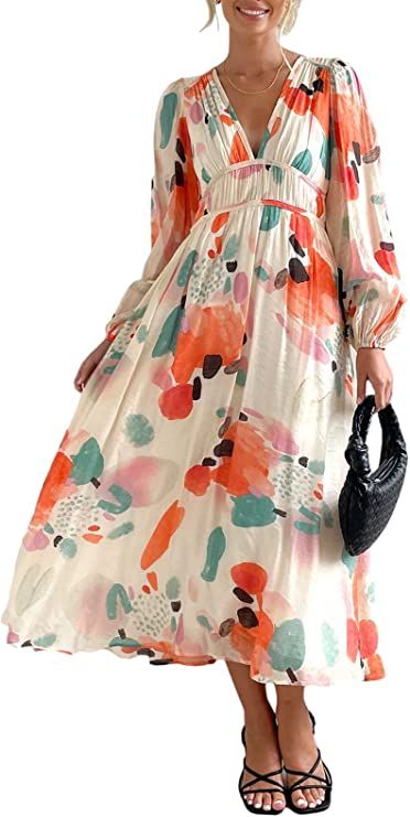 Sissyaki Women's Boho Floral Midi Dress Smocked Beach Flowy Dress Boho Maxi Dress Casual, Flowy Dress Long, Boho Floral Maxi Dress, Feminine Women, Plus Size Outerwear, Women Long Sleeve Dress, Maxi Robes, Long Dress Casual, Boho Maxi Dress