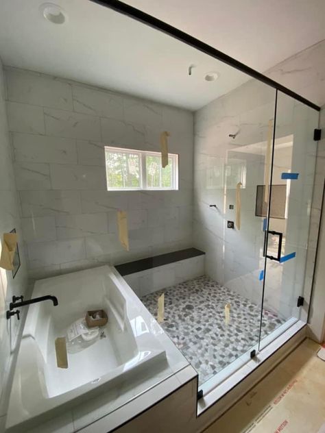 Shower With Built In Tub, 2 Person Soaker Tub Master Bath, Built In Tub In Shower Area, Shared Tub And Shower Space, Alcove Tub Wet Room, In Ground Tub Master Bath, Bathtub In Master Room, Tub In Walk In Shower Combo, Bathroom With Bath Tub Ideas