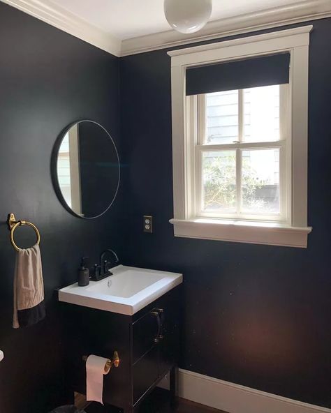 Black Paint Small Bathroom, Black Bathroom Small Spaces, Small Bathroom With Black Walls, Black Bathroom Wall Ideas, Black Paint In Bathroom, Dark Bathroom Paint Ideas, Black Vanity Bathroom Ideas Wall Colors, Black Half Bathroom Ideas, Tricorn Black Bathroom