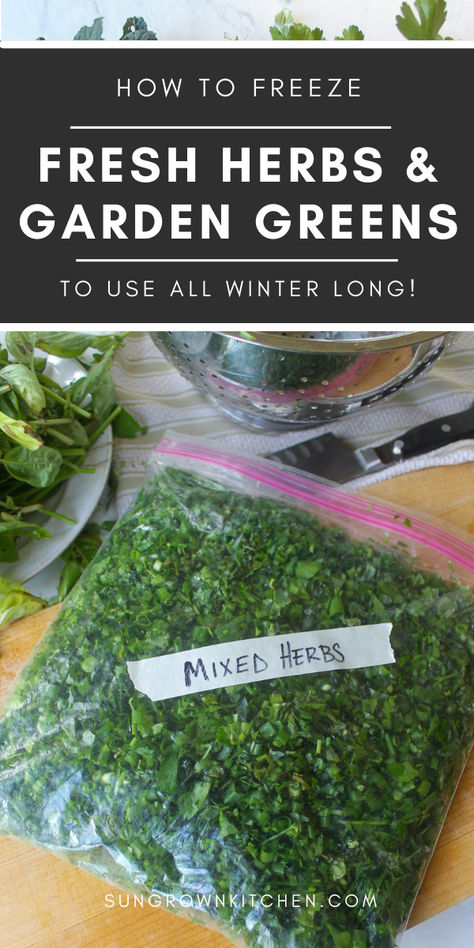 A bag of chopped herbs for the freezer. Freeze Garden Vegetables, How To Preserve Fresh Herbs, How To Freeze Fresh Herbs, How To Freeze Herbs, Freeze Fresh Herbs, Freeze Herbs, Freezing Fresh Herbs, Preserve Fresh Herbs, Store Fresh Herbs