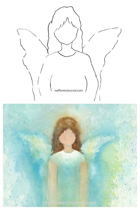 I started with this simple drawing on watercolor paper to create my angel in watercolor. myflowerjournal.com Angel Wings Painting, Watercolor Angel, Angel Wings Art, Frida Art, Painting Ideas For Beginners, Angel Artwork, Angel Drawing, Diy Watercolor Painting, Wings Art